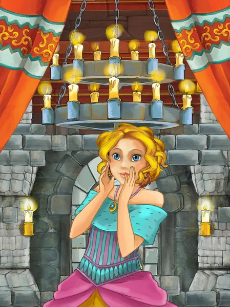 cartoon scene with prince in medieval castle room - illustration for children