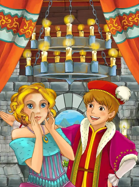 Cartoon Scene Prince Princess Talking Together Castle Room Illustration Children — Stock Photo, Image