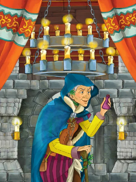 卡通场面与 Olderwoman 在中世纪城堡房间 例证为孩子 — 图库照片