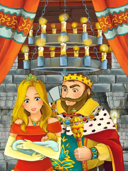 happy cartoon scene with prince or king and princess or queen with their little child in castle room - illustration for children