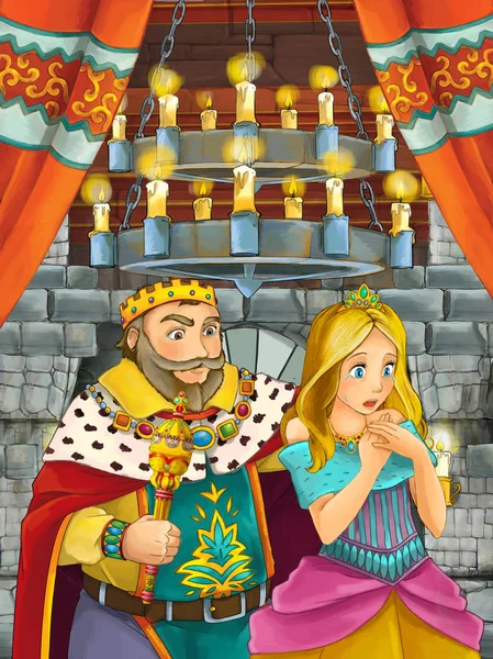 happy cartoon scene with prince or king and princess or queen with their little child in castle room - illustration for children