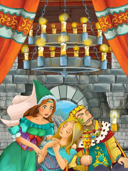 Feliz Escena Dibujos Animados Con Príncipe Rey Princesa Reina Sala — Foto de Stock