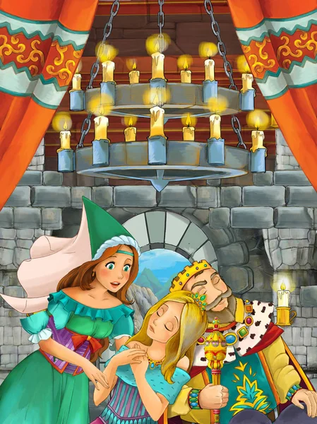 happy cartoon scene with prince or king and princess or queen in castle room sleeping - sorceress near them - illustration for children