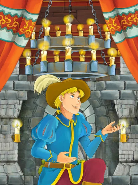 Feliz Cena Dos Desenhos Animados Com Príncipe Rei Sala Castelo — Fotografia de Stock