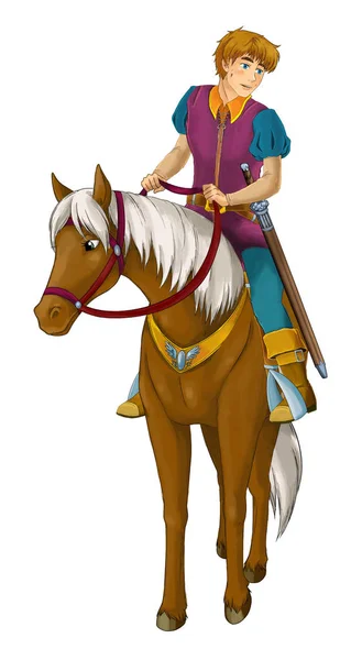 子供のための図の白い背景の上の馬に乗っての王子と漫画シーン — ストック写真