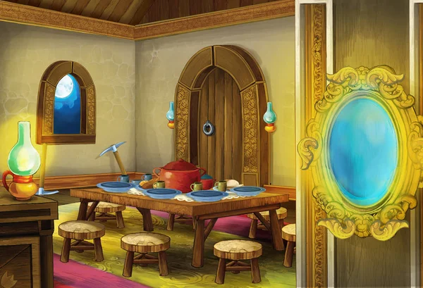 Cena Dos Desenhos Animados Com Sala Cozinha Medieval Interior Para — Fotografia de Stock