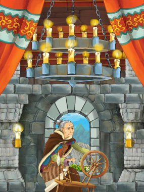 olderwoman - büyücü - Ortaçağ Kalesi odada - illüstrasyon çocuklar için çizgi film sahne 