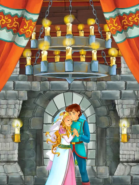 Escena Dibujos Animados Con Príncipe Princesa Hablando Juntos Sala Del — Foto de Stock