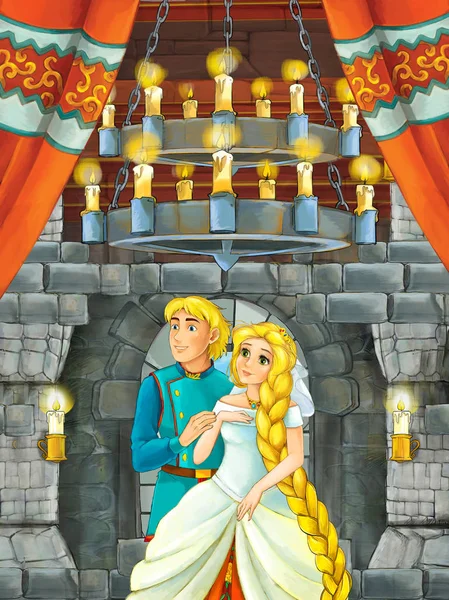 Cartoon Scene Prince Princess Talking Together Castle Room Illustration Children — Stock Photo, Image