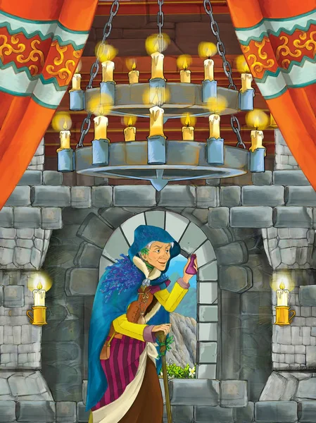 Cartoon Scene Olderwoman Sorceress Medieval Castle Room Illustration Children — Stock Photo, Image