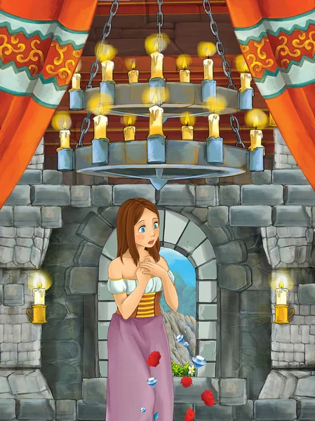 cartoon scene with prince in medieval castle room - illustration for children