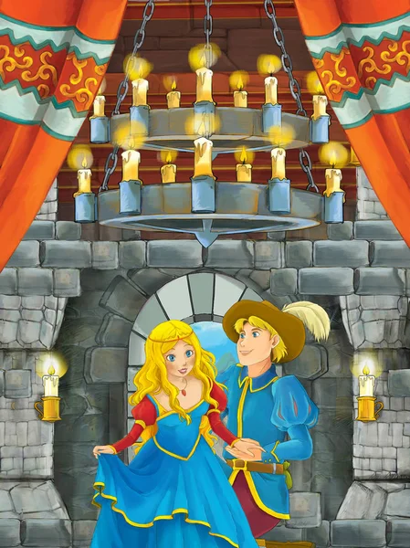 Cartoon Scene Prince Princess Talking Together Castle Room Illustration Children — Stock Photo, Image