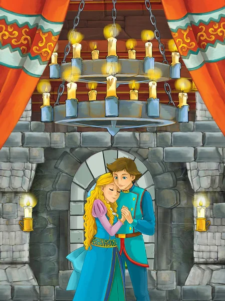 Cartoon Scène Met Prins Prinses Samen Praten Het Kasteelkamer Illustratie — Stockfoto