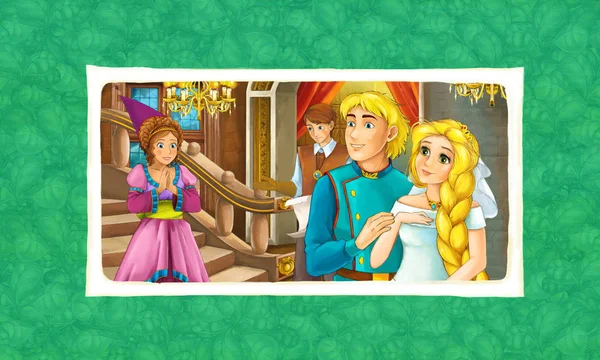 Cartoon scene of a prince and princess in the castle - illustration for children