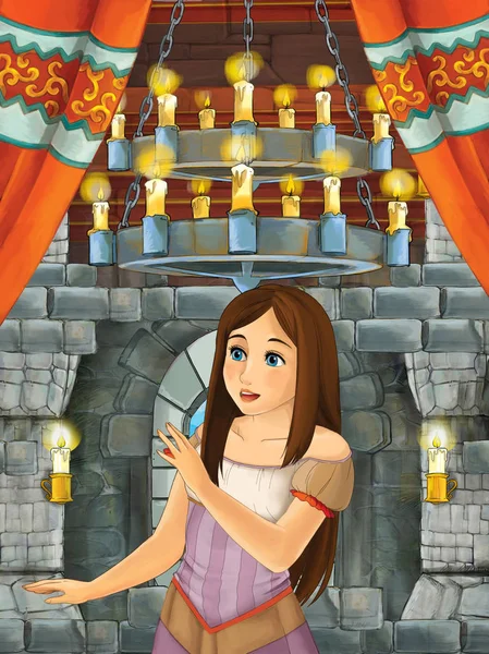 卡通场面与公主在中世纪城堡房间 例证为孩子 — 图库照片
