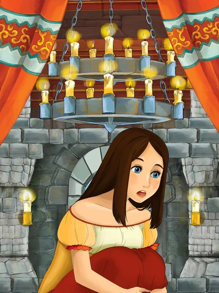 Cartoon Scène Met Prinses Middeleeuws Kasteelkamer Illustratie Voor Kinderen — Stockfoto