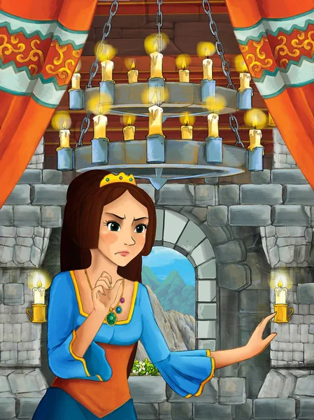 Cartoon Scène Met Prinses Middeleeuws Kasteelkamer Illustratie Voor Kinderen — Stockfoto