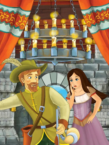 卡通场面与美丽的女孩和男孩王子和公主 在城堡房间 例证为孩子 — 图库照片