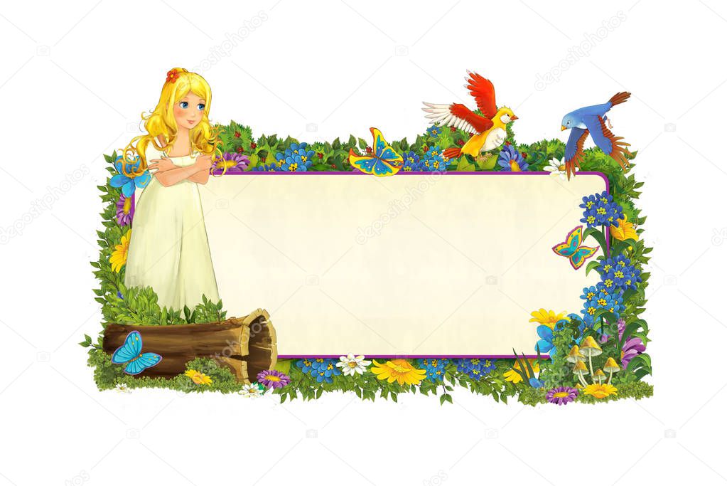 cartoon scene with floral frame - beautiful girls - princess - title page with space for text - illustration for children