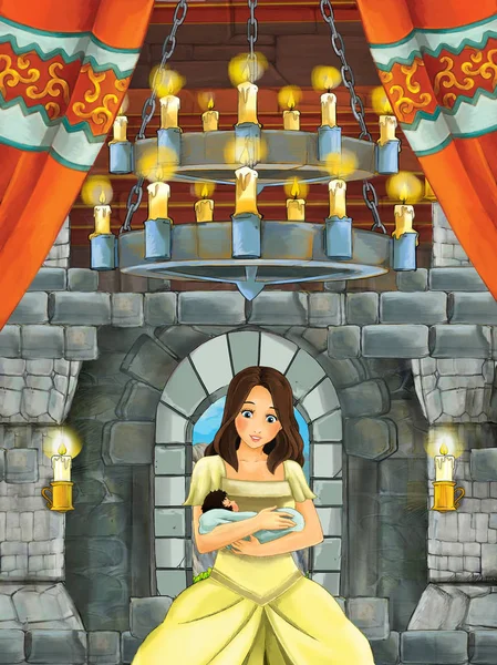 卡通场面与公主在中世纪城堡房间 例证为孩子 — 图库照片