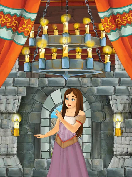 Escena Dibujos Animados Con Princesa Sala Castillo Medieval Ilustración Para — Foto de Stock