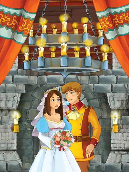 Cartoon Scène Met Mooi Meisje Jongen Prins Prinses Kasteelkamer Illustratie — Stockfoto