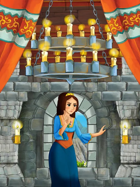 姫と中世の城の部屋 子供のためのイラスト漫画シーン — ストック写真