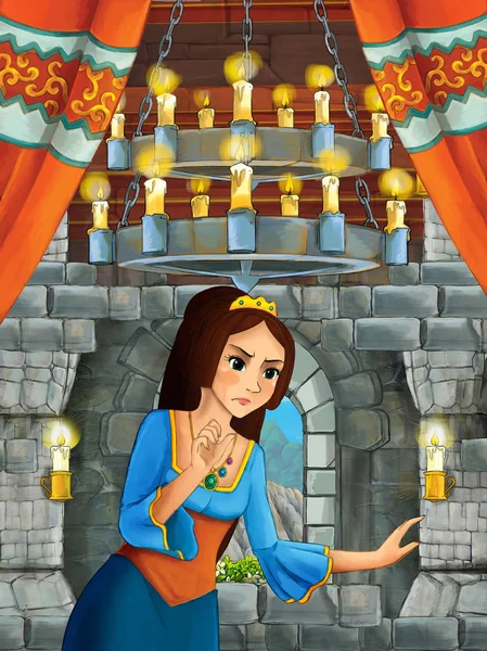 Cena Dos Desenhos Animados Com Princesa Sala Castelo Medieval Ilustração — Fotografia de Stock