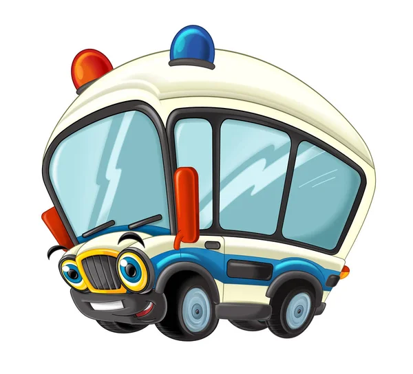 Cena Dos Desenhos Animados Com Caminhão Ambulância Feliz Fundo Branco — Fotografia de Stock