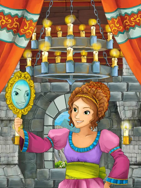 Cartoon Scène Met Mooi Meisje Princess Kasteelkamer Illustratie Voor Kinderen — Stockfoto