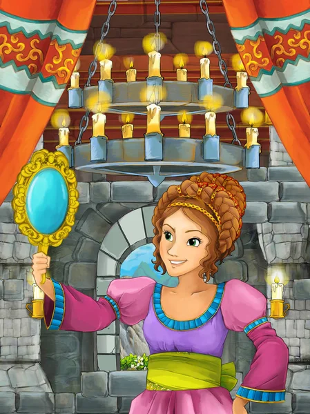 卡通场面与美丽的女孩 公主在城堡房间 例证为孩子 — 图库照片