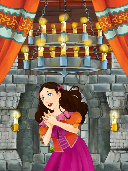 Escena Dibujos Animados Con Princesa Sala Castillo Medieval Ilustración Para —  Fotos de Stock