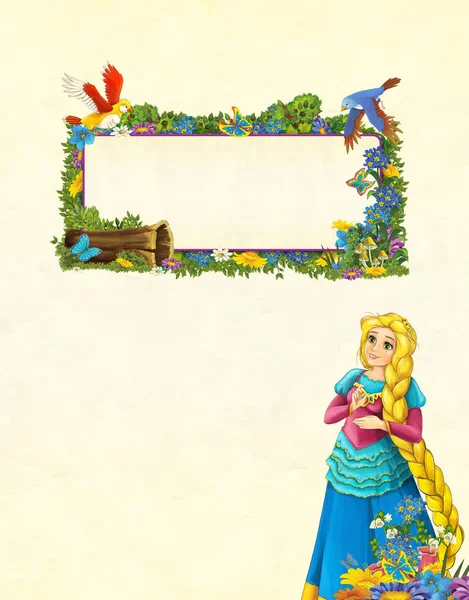 Cartoon Scene Floral Frame Beautiful Girl Princess Title Page Space — Stock Photo, Image