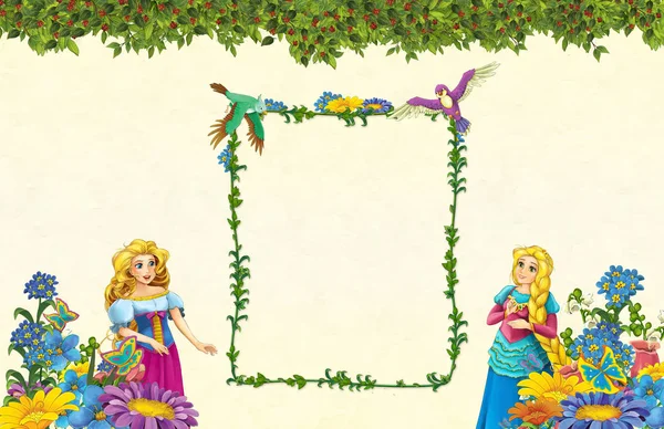 cartoon scene with floral frame - beautiful girls - princesses - title page with space for text - illustration for children