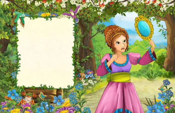 Γελοιογραφία Σκηνή Την Πριγκίπισσα Στο Δάσος Σελίδα Τίτλου Χώρο Για — Φωτογραφία Αρχείου