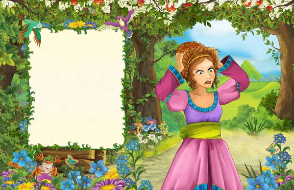 Cartoon Scene Princess Forest Title Page Space Text Illustration Children — Stock Photo, Image