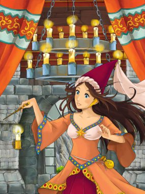 olderwoman - büyücü - Ortaçağ Kalesi odada - illüstrasyon çocuklar için çizgi film sahne 