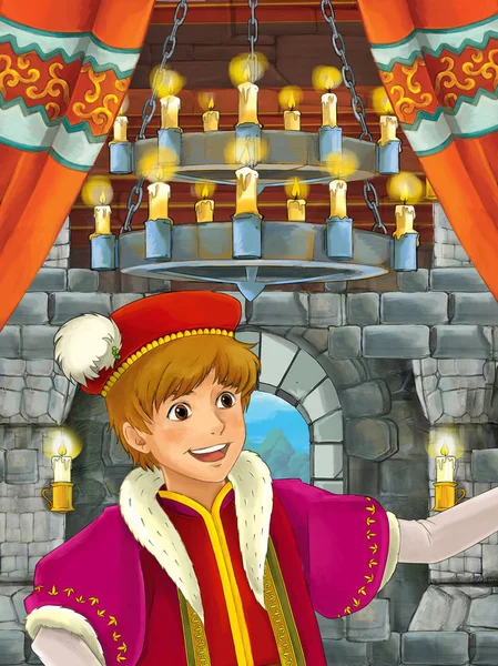 快乐卡通场面与王子或国王在城堡房间 例证为孩子 — 图库照片