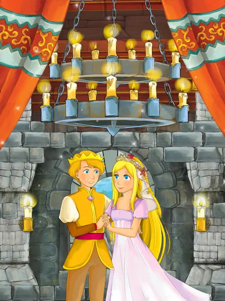 Cartoon Scen Med Prinsen Och Prinsessan Talar Tillsammans Slottet Rummet — Stockfoto