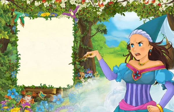 Escena Dibujos Animados Con Princesa Bosque Portada Con Espacio Para — Foto de Stock
