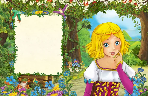 Kreslený Scény Princeznou Lese Titulní Stránka Prostorem Pro Text Ilustrace — Stock fotografie