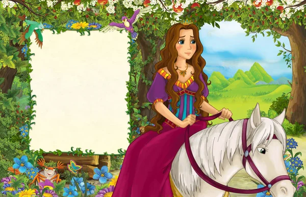 Γελοιογραφία Σκηνή Την Πριγκίπισσα Στο Δάσος Σελίδα Τίτλου Χώρο Για — Φωτογραφία Αρχείου