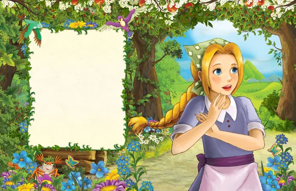 Cartoon Scen Med Prinsessan Skogen Titelsida Med Utrymme För Text — Stockfoto