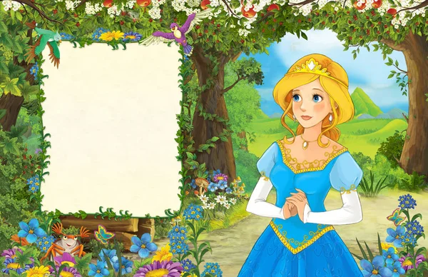 Scena Dei Cartoni Animati Con Principessa Nella Foresta Frontespizio Con — Foto Stock