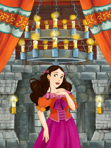 动画片场面与年轻公主在城堡房间 例证为孩子 — 图库照片