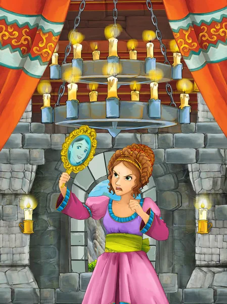 Cena Dos Desenhos Animados Com Jovem Princesa Sala Castelo Ilustração — Fotografia de Stock