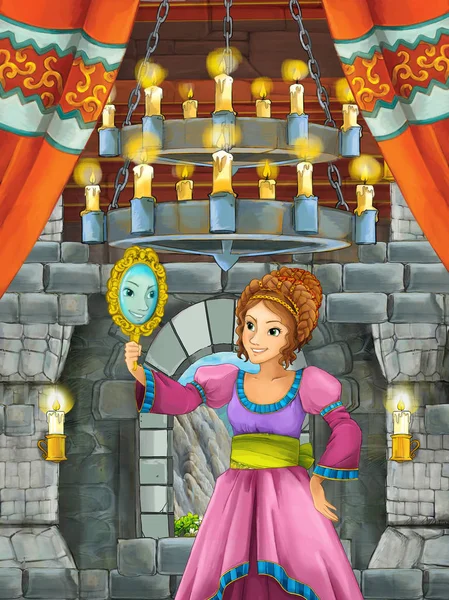 动画片场面与年轻公主在城堡房间 例证为孩子 — 图库照片