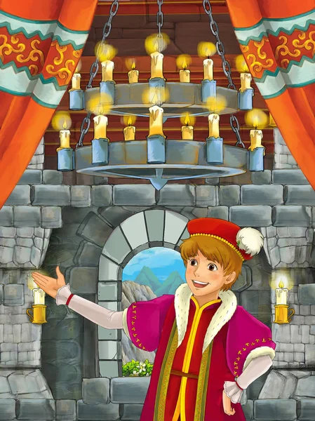 快乐卡通场面与王子或国王在城堡房间 例证为孩子 — 图库照片