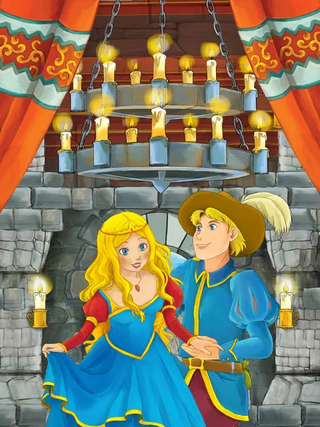 卡通场面与王子和公主一起谈论在城堡房间 例证为孩子 — 图库照片
