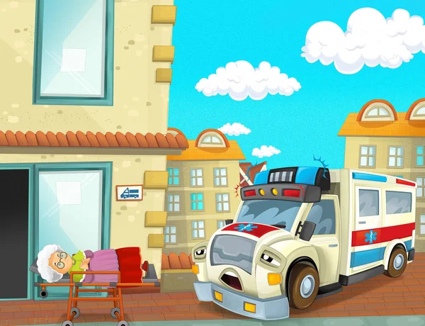Cartoon Scen Med Ambulans Och Sjuk Patient Illustration För Barn — Stockfoto